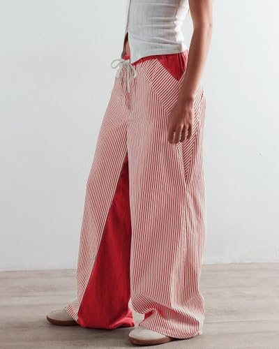 Image of PEIHOT Low Rise Striped Pants for Women Pull On Drawstring Boho Wide Leg Jeans Trendy 2026