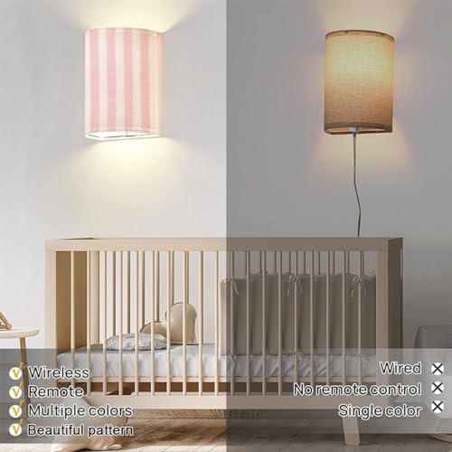 Image of Wall Sconces Set of Two Battery Operated Pink Pattern Cute Wireless Plug in Wall Lights Fixtures Remote Dimmable for Bedroom Living Room Hallway