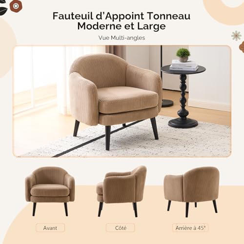 Fauteuil Velours Côtelé Kaki 77 cm Pieds Bois Bonnlo