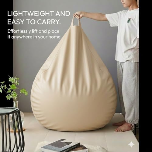 Image of 4XL Bean Bag Chair with Footrest & Cushion | Pre-Filled Beans | PVC Leatherette Lounger Sofa | Indoor & Outdoor Bean Bag with Pocket & Handle | Double Stitching | 6 Months Warranty Color- (Cream)