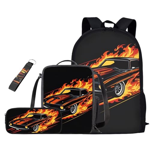 Race Car Teen School Backpacks for Boys Kids Book Bags Large Capacity Elementary Backpack for Boys with Keychain Lunch Box and Pencil Case Lightweight Schoolbags for Teens