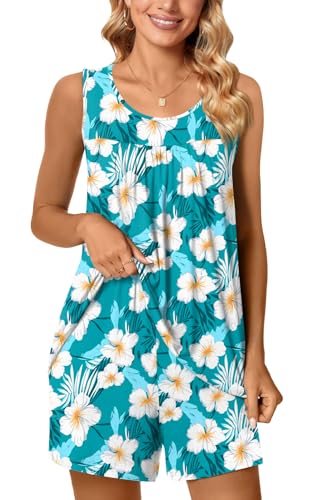 Image of POPYOUNG Pajama Set for Women Summer 2 Piece Lounge Shorts Sets Sleepwear | Womens Pajama Sets Cooling pijamas de mujer for Summer with Pockets Sleeveless Nightwear Outfits Pjs Shorts Set