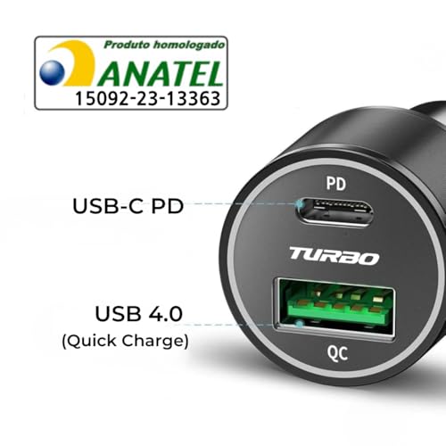 Carregador Veicular Turbo Ultrarrápido 9.1A com 2 Entradas 60W - USB-C + USB 4.0 com LED