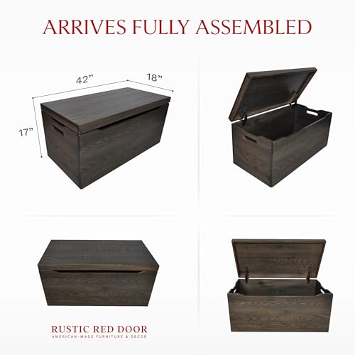 Image of Amish Made Wooden Storage Chest Trunk Box with Lid and Handles for Bedroom, Blanket, Clothes, Anti-Slam Hinges, Handmade, Rustic, Oak Wood, Antique Slate Stain, 42 inch