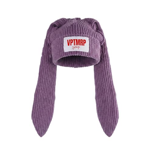 Long Bunny Ear Beanie with Deconstructed Seams Y2K Cute Knit Slouchy Hat Warm Skull Cap for Women Men (Purple)