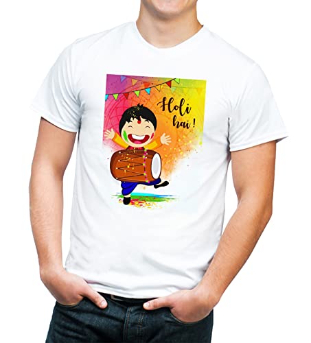 Image of Knitted Polycotton Fabric Regular Fit Men Boys Half Sleeve T-Shirt for Festival of Holi Style 14 White Size : Free