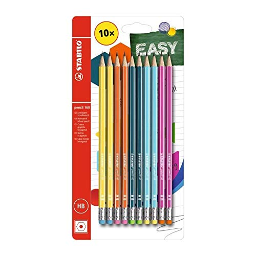 Lápiz de grafito con goma STABILO Pencil 160 - Pack con 10 lápices colores de cuerpo surtidos - Mina HB
