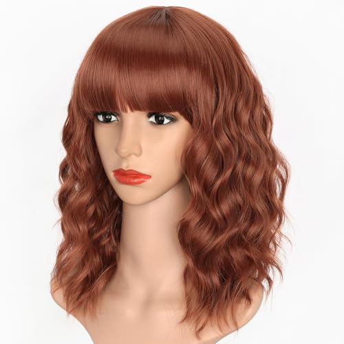 Image of AISI HAIR Synthetic Wavy Curly Bob Wig with Bangs Burnt Orange Short Wigs for Women Synthetic Heat Resistant Bob Wigs