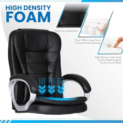 Image of Black Leatherette Office Chair | Ergonomic Executive Chair for Office & Home | High Back Executive Office Chair Home Study Reception Library Chair with arm Rest and Cushioned Seat (Chair)