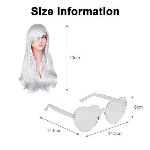 Aomig Long Wavy White wig, 3 Pack with Sunglass & Cap, Natural Full Curly Anime Cosplay Wig with Bangs - Image 2