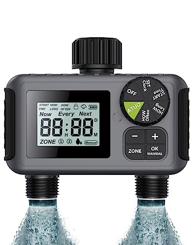 2 Outlet Sprinkler Timer, Outdoor Digital Water Timer, 116 PSI Garden Hose Timer Programmable, Water Timer with Auto/Manual/Rain Delay Mode, Irrigation Timer for Yard Lawn, Child Lock, IP55