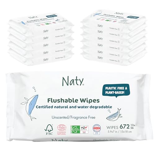 Image of Naty Flushable Toddler & Baby Wet Wipes | Plant-Based, Water-Based for Sensitive Skin | Natural & Unscented Potty Training Wipes | Water-Degradable, Plastic-Free, Fragrance-Free | 672 Count (12 Packs)