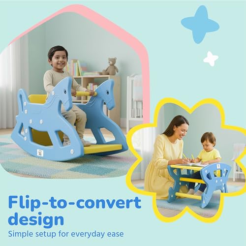 Image of Lifelong 2-in-1 Rocker & Table | Convertible Rocking Horse & Study Table | Sturdy Plastic Ride-On Horse with Backrest | BIS Certified Indoor Outdoor Toy Rider for Kids Aged 1-5 Yrs (LLCRK01)