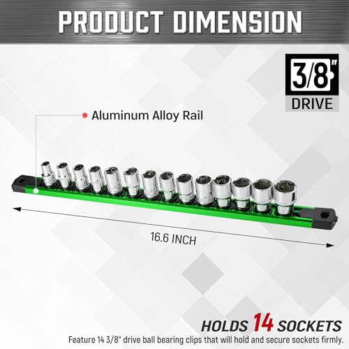 Image of ALOANES 3 /8 inch Drive Magnetic Socket Rail, 360 Swivel Clips, Heavy Duty Aluminum Tray Organizer - 14 Slots (Green)