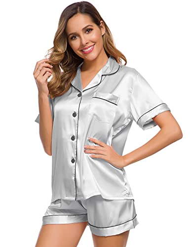 Image of SWOMOG Womens Silk Satin Pajamas Set Short Sleeve Sleepwear Button Down Top and Shorts Loungewear 2 Piece Pjs Set XS-3XL