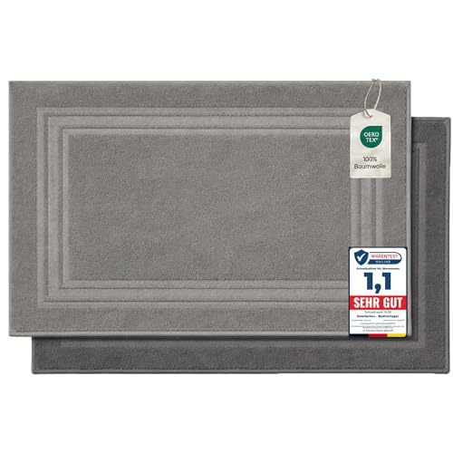 Komfortec Lot de 2 Tapis de Bain en Tissu éponge, Lavable, 600 g/m² et 100% Coton, Absorbant et à séchage Rapide, 50 x 70 cm, Gris Anthracite/argenté