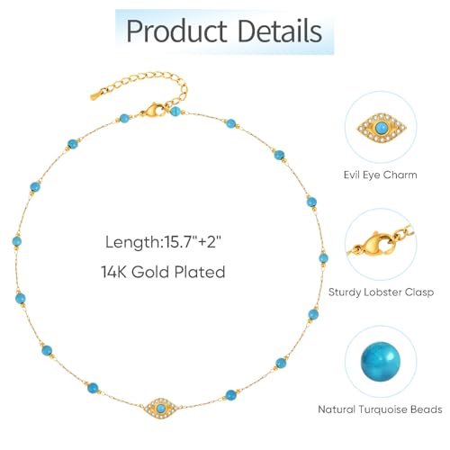 Women's Turquoise Gold Choker Necklace - 14K Gold Plated Evil Eye Turquoise Beaded Necklaces,Non Tarnish Golden Lucky Protection Jewelry,Summer Beach Choker Gifts for Women Girlfriend Sister Wife4
