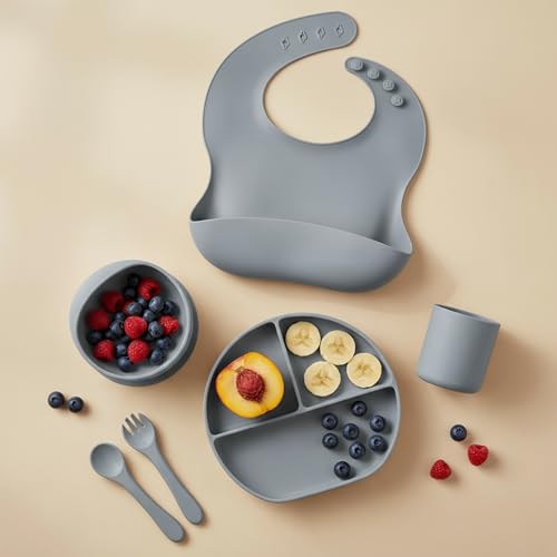 Image of Baybee Silicone Baby Feeding Set | Bpa Free & Microwave Safe Food Grade Baby Utensils with Suction Plate & Bowl, Bib, Water Cup, Forks, Spoons for Infants, Toddlers, Kids Weaning Food Cutlery (Grey)