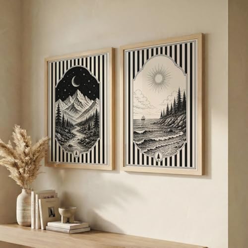 Image of NoWorries Framed Black and White Wall Art Set of 2, Vintage Mountain Moon and Coastal Ocean Landscape Prints, Boho Nature Decor, Scandinavian Minimalist Artwork for Bedroom, Hallway and Office (Art-17, 25x37inch)