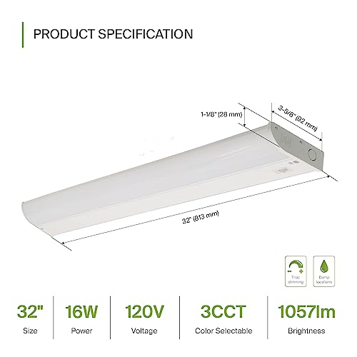 Image of ASD LED Under Cabinet Lighting, 32 inch 16W 1057 LM, Dimmable Hardwired Under Cabinet Lights for Kitchen, 3000K /4000K /5000K, Under Counter Light Fixtures, ETL, White