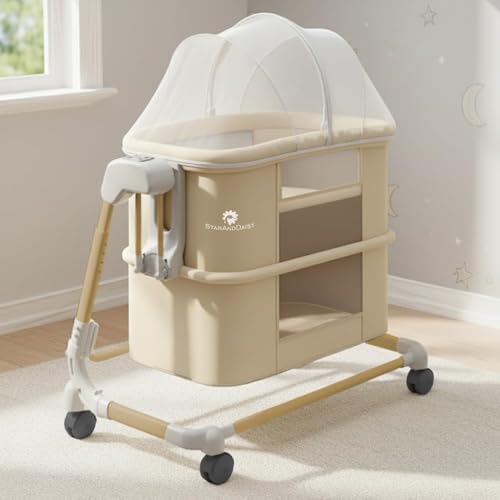 Image of StarAndDaisy Baby /Automatic Cradle for Newborn 0-2 Years boy & Girl with 5-Speed Swing & Musical Timer, Adjustable Height Baby Crib /Jhula with Mosquito Net & Safety Lock (Khaki)