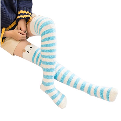 Image of Girl's Leg Warmers Soft Warm Animal Coral Fleece Thigh High Long Striped Socks