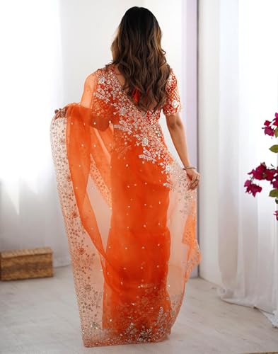 Image of SIRIL Women's Organza Sequence Embroidery Saree With Unstitched Blouse Piece