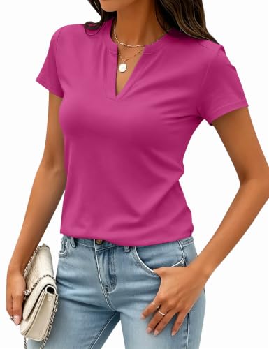 Image of Meetrendi Women's Notch V Neck T-Shirt Slim Fit Premium Cotton Blend Short Top