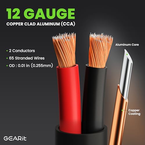 GEARit Outdoor Speaker Wire CL3 Rated, 12 Gauge Speaker Wire, Speaker Cable 200 ft for Outdoor Speakers, Patio, Garden, Backyard Audio, Direct Burial in Ground/in Wall, CCA (Black, 2-Conductors)