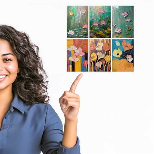 Image of Palette Knife Floral Art Prints Set - Teal Pink and Gold - Set of 2-4x6 Inch - Board (Pack of 6) - Sticker (Pack of 6) Wall Room Decoration art Poster Prints