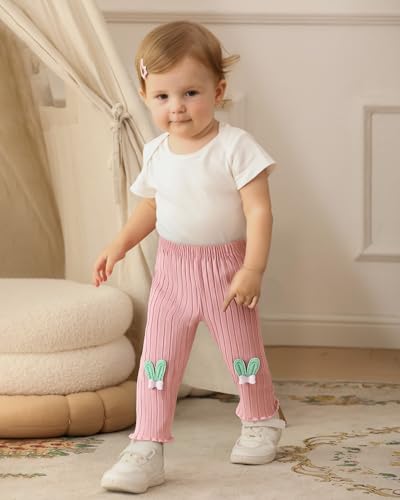 3 Pack Baby Girl Pants: Soft Solid Ribbed Pants Ruffle Hem Pull On Leggings for Infant 0-18 Months4