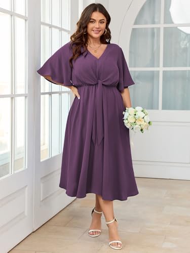 Image of SCOMCHIC Women Plus Size Midi Dresses Wedding Guest Short Sleeve V Neck Tie Waist Casual Summer Flowy A Line Dress