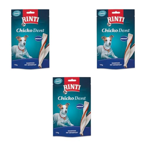 Rinti Extra Chicko Dent Medium Kausticks mit Entenfilet | 3er Pack | 3 x 150 g | Ergänzungsfuttermittel für Hunde | Kaustreifen für die Zahnpflege | Bissfeste Rinderhaut