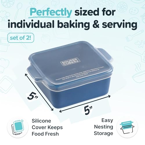 Image of Souper Cubes Ceramic Baking Dishes 2.0-5 inch x 5 inch Baking Dishes with Silicone Lids, Individual Baking Dishes for Oven, Microwave, Oven and Air Fryer Safe, USA Made, Set of 2 - Blueberry
