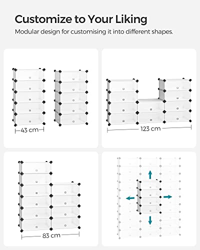 SONGMICS Interlocking Shoe Rack, Rectangular Storage Organiser, 10 Slot Modular DIY Storage Shelf Unit, 40 x 30 x 17 cm for Each Slot, Plastic Wardrobe with Doors, White LPC10W