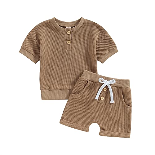 Image of Ledy Champswiin Summer Newborn Baby Boy Girl Clothes Set Ribbed Outfits Unisex Infant Solid Short Sleeve Tops Shorts 2PCS