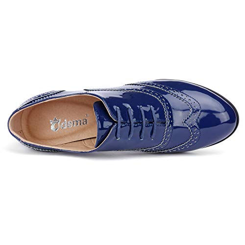 Odema sapato feminino Oxford de couro PU com cadarço e salto médio, 1-blue, 8.5