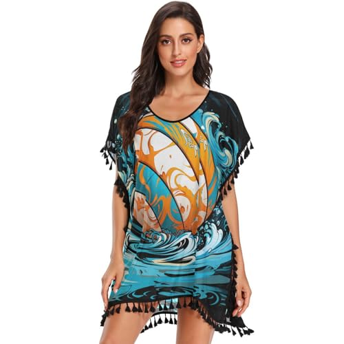 Watercolor Art Volleyball Women's Beach Cover Up Chiffon Tassel Swimwear Swimsuit Coverups for Girl