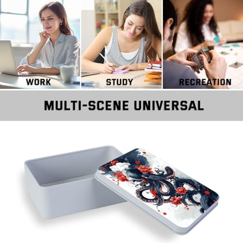 Image of Metal Tin Box with Lid,Multi-functional Storage Large Box Can Store Tea Biscuits Game Cards, Playing & Tarot Cards-Comes with 4 Magnetic Cord Clips,Octopus with Red Flowers