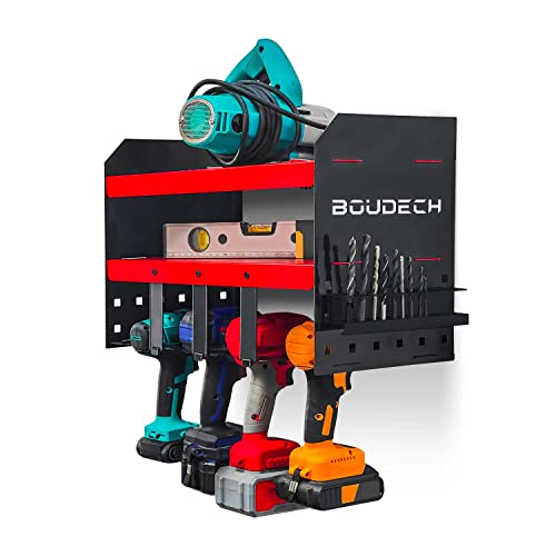 BOUDECH Taka - Mensola portautensili da garage in acciaio organizer a 2 ripiani per utensili elettrici supporto a parete per trapani, punte e giraviti