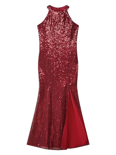 renvena Kids Girls Allover Sequins Mermaid Dress Halter Sleeveless Split Fish Tail Skirt Maxi Flower Dress3