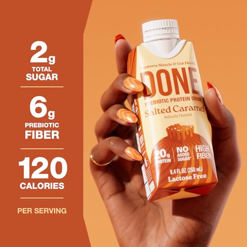 Image of Done Prebiotic Protein Shake, Salted Caramel, 20g Protein, 8.4oz, 8 Pack | 20g Whey Protein, High Fiber, Prebiotic, Lactose & Gluten Free, No Added Sugar, Ready-to-Drink Shake, 8-Pack
