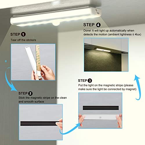 Fansteck Cupboard Lights 3Pcs, Motion Sensor Wardrobe Lights with 20 LED, USB Rechargeable Under Cabinet Lighting with 6 Magnetic Strip, Auto On/Off with Always-On Mode for Kitchen Bedroom, Warm