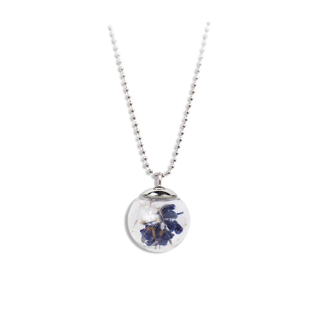 Gioielli Botanici Collier lavande en acier inoxydable, ampoule en verre avec fleurs naturelles et graines de pomme de douche