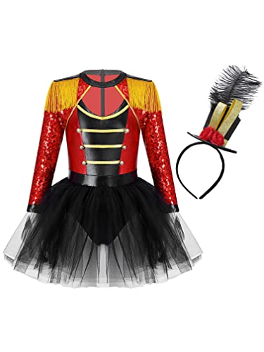 MSemis Niñas Disfraz Domadora Manga Larga Disfraz de Circo Tutú Vestido Danza Baile Infantiles de Mago Cosplay Fiesta Carnaval Halloween Rojo+Sombrero 9-10 años Cover