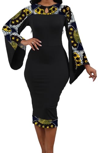 IbuduSexy African Dresses for Women Elegant African Tribal Print Patchwork Trumpet Sleeves Geometric Dress Blue