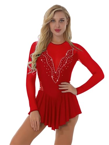 Yihuimin Damen Eiskunstlauf Kleider Langarm Tanzkleid Gymnastik Leotard Turnanzug Wettbewerb tanzkostüm Rot M