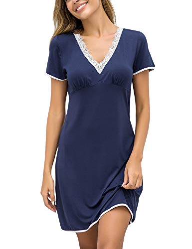 Night Shirts Women Nightgowns Sexy Sleep Shirts Lace Trim V Neck Short Sleeve Night Sleepwear Soft Nightshirt S-XXL