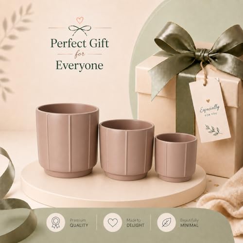 Image of Xtore Contour Ceramic Planter Set | Soft-Tone Minimal Plant Pots for Home & Office Decor - (Set of 3, Taupe, Planter ONLY)