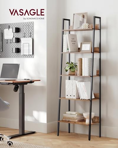 Image of VASAGLE Bookshelf, 5-Tier Narrow Book Shelf, 11.8 x 23.6 x 66.9 Inches, Ladder Shelf for Home Office, Living Room, Bedroom, Kitchen, Rustic Brown and Ink Black ULLS067B01